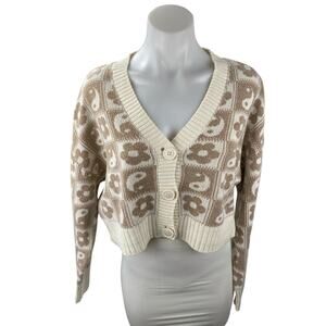 American Eagle Women's Beige Floral Yin Yang Crop Button Up Cardigan Sweater M